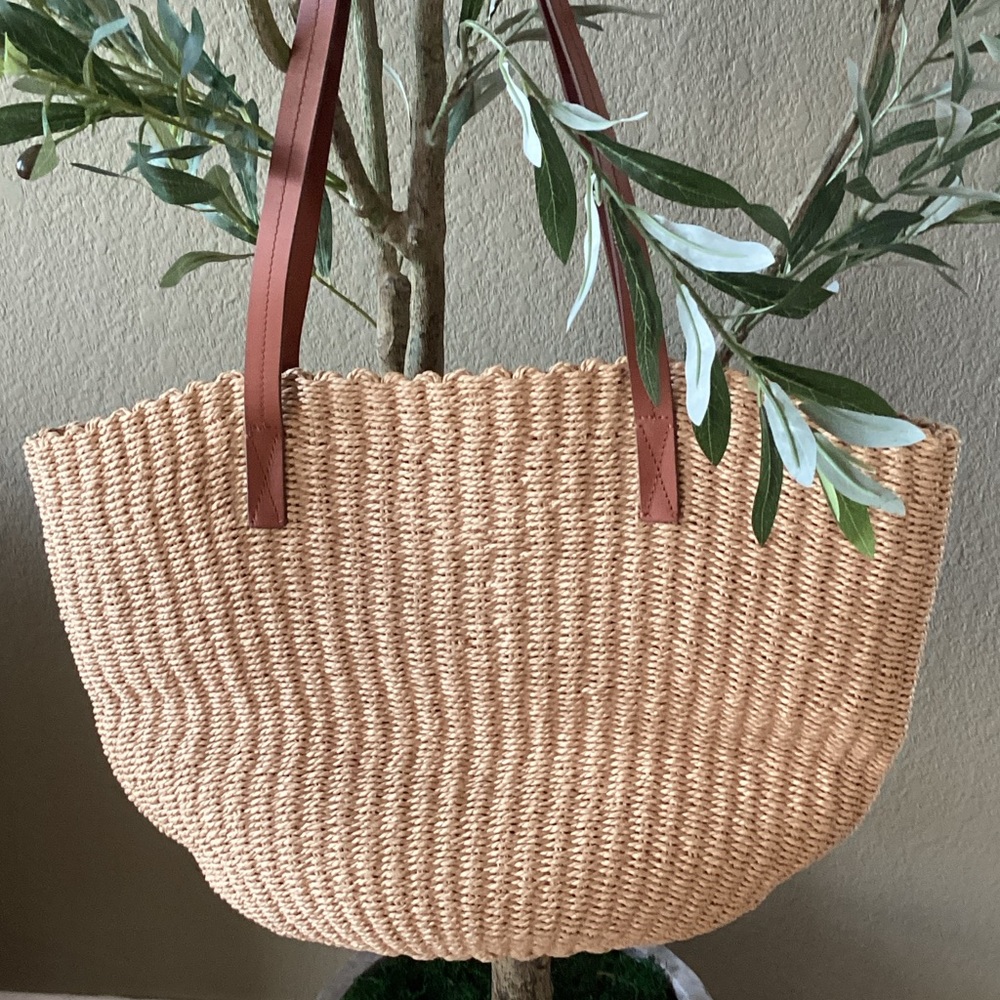 JCrew Large Woven Straw Tote with Leather Handles